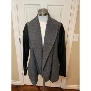 Theory Gray Wool Shawl Collar Leather Sleeves Jacket, Size Small